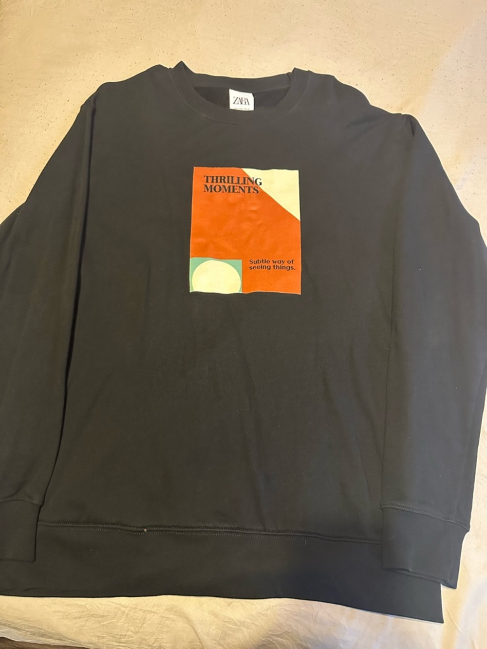 Zara Black Crewneck Sweatshirt with Orange & Cream Graphic